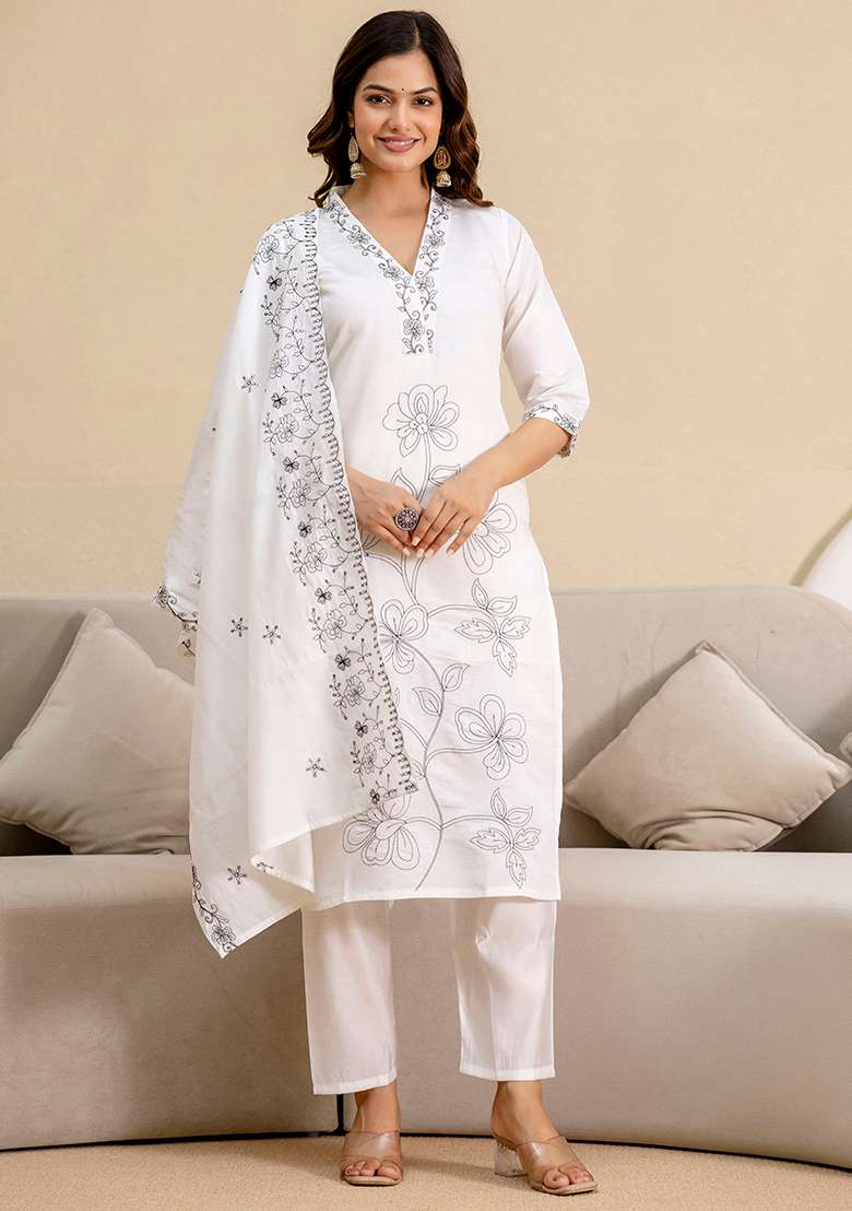 White Embroidered Chanderi Salwar Kameez With Dupatta - Indya