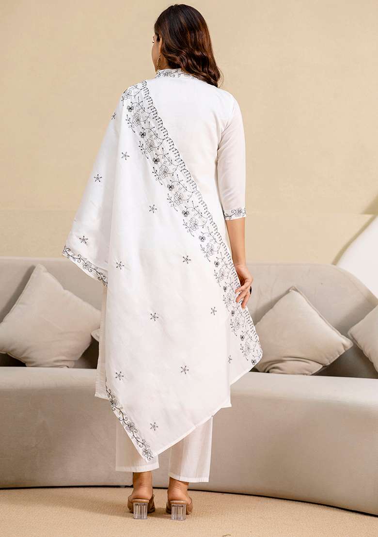 White Embroidered Chanderi Salwar Kameez With Dupatta - Indya