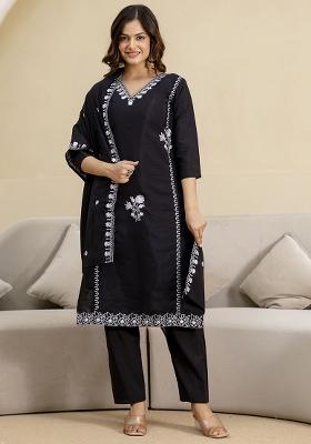 Black Embroidered Chanderi Salwar Kameez With Dupatta