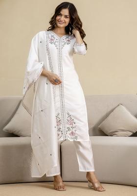 White Embroidered Chanderi Salwar Kameez With Dupatta