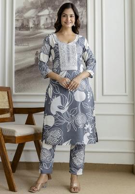 Grey Embroidered Cotton Salwar Kameez
