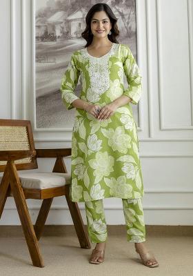 Light Green Embroidered Cotton Salwar Kameez