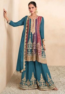 Teal Blue Embroidered Chinnon Anarkali With Dupatta With Dupatta