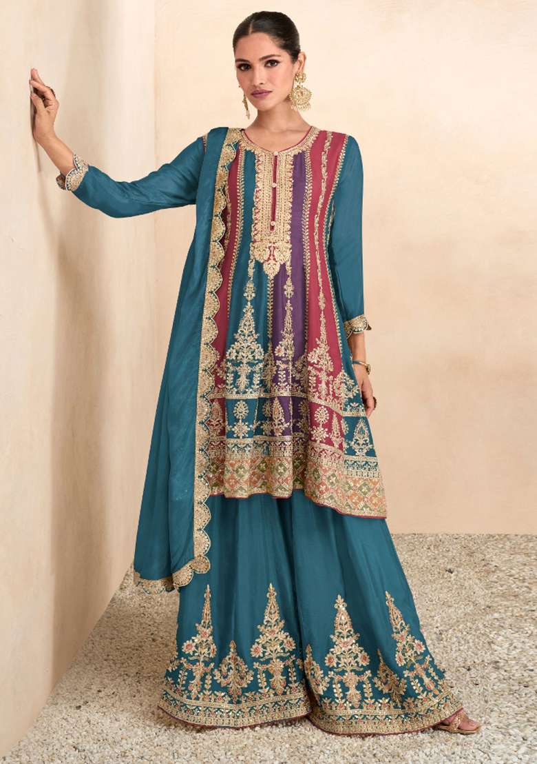 Teal Blue Embroidered Chinon Sharara Set - Indya