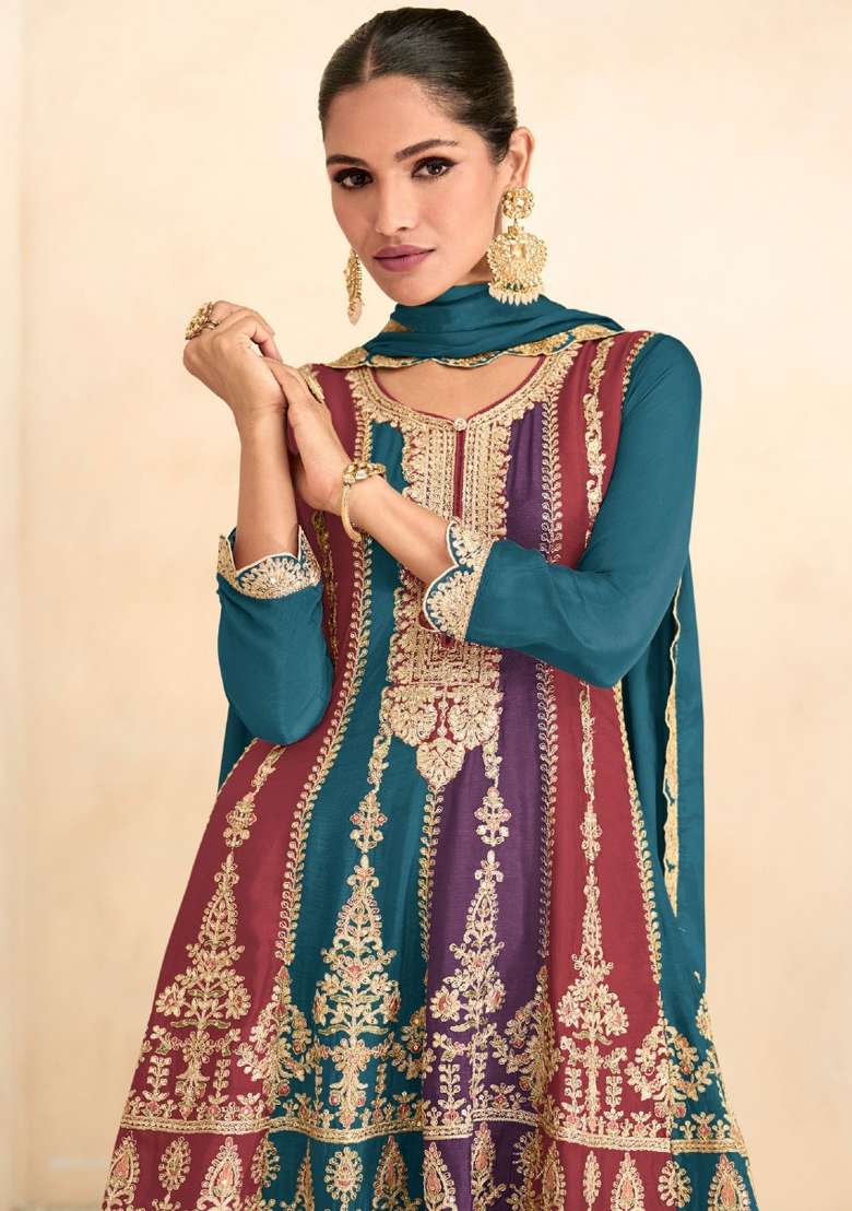Teal Blue Embroidered Chinon Sharara Set - Indya