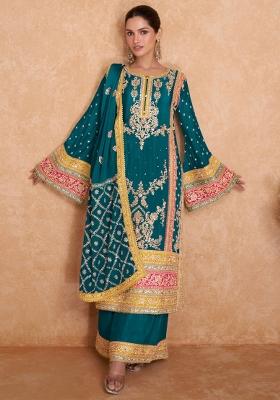 Teal Blue Embroidered Chinon Pakistani Suit Set