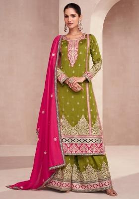 Olive Green Embroidered Silk Sharara Set