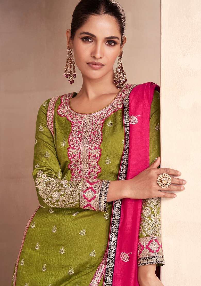 Olive Green Embroidered Silk Blend Sharara Set - Indya