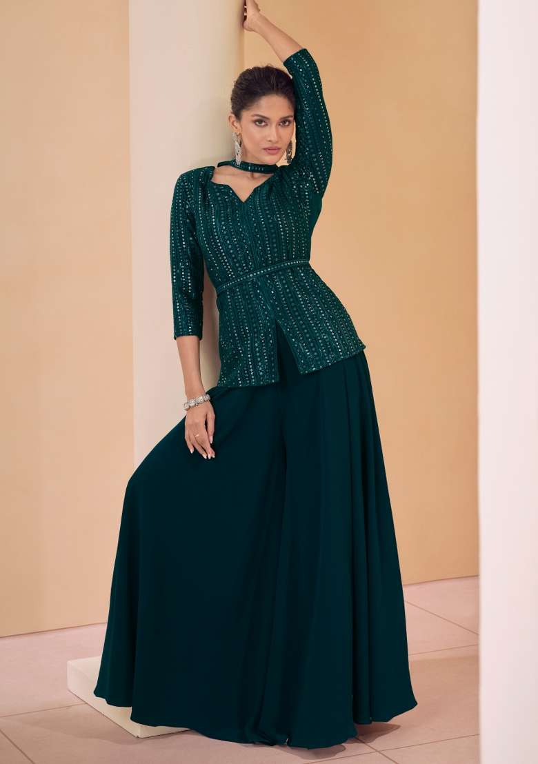 Teal Green Sequin Work Georgette Sharara Set - Indya
