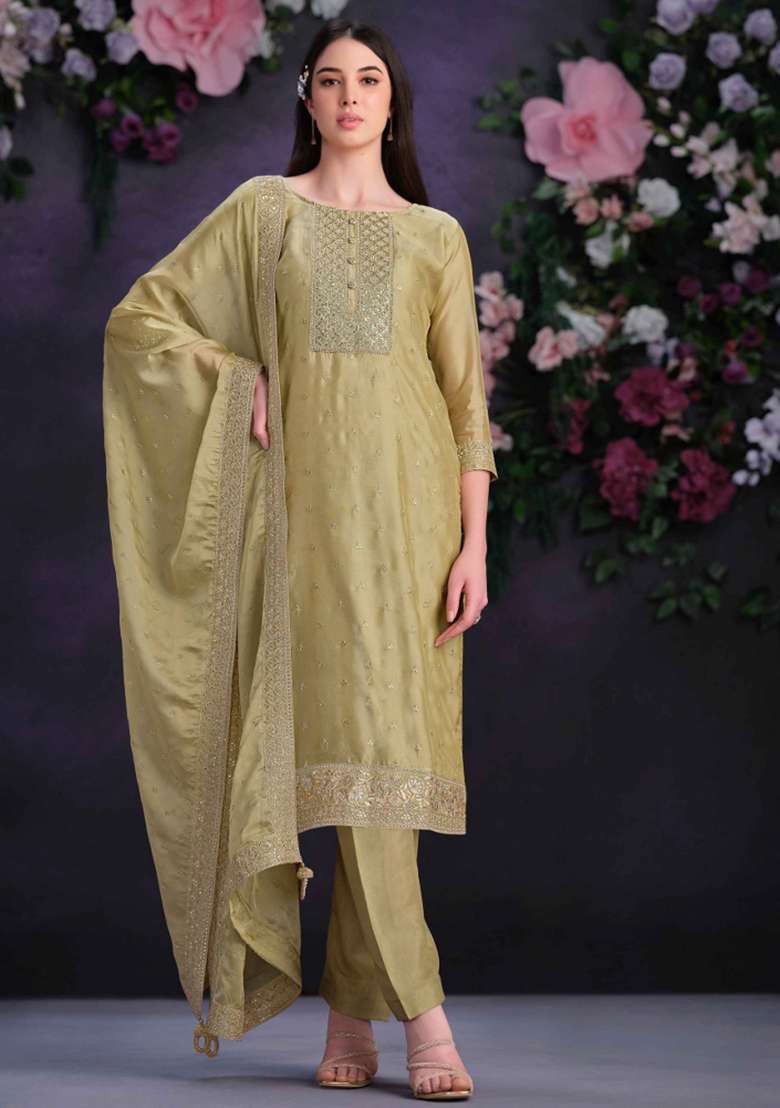 Olive Green Embroidered Organza Straight Kurta Set - Indya
