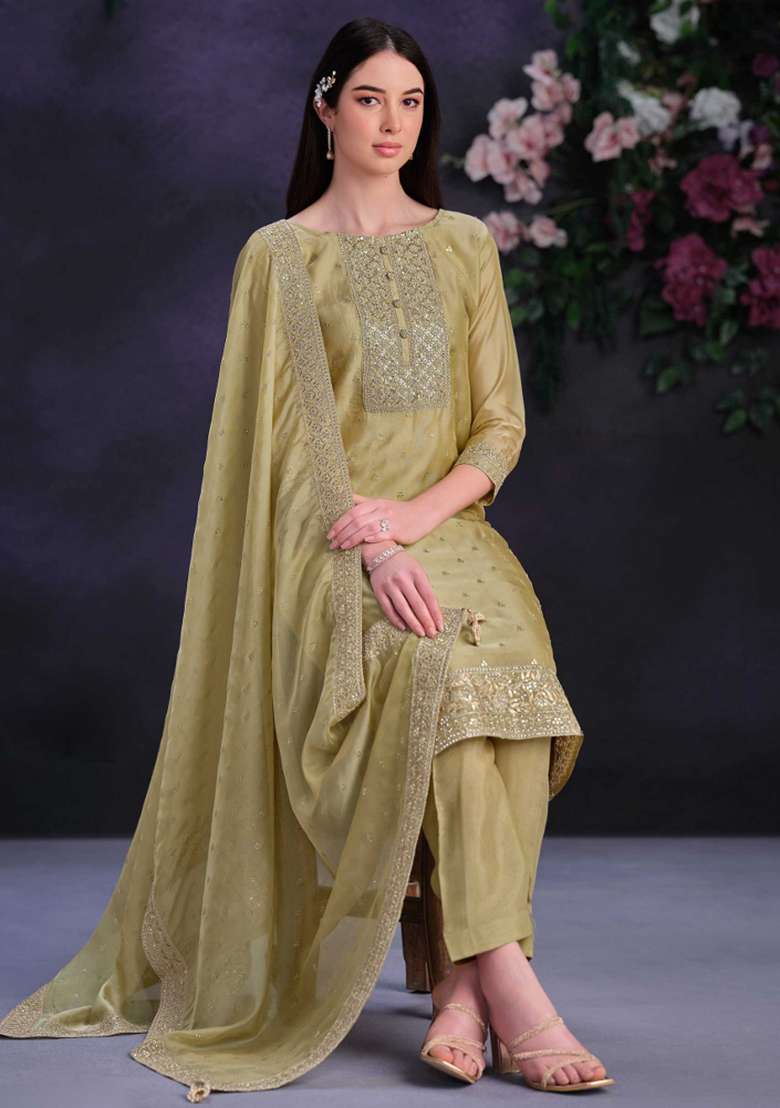 Olive Green Embroidered Organza Straight Kurta Set - Indya