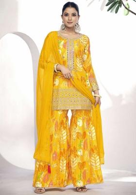 Mustard Yellow Embroidered Silk Sharara Set