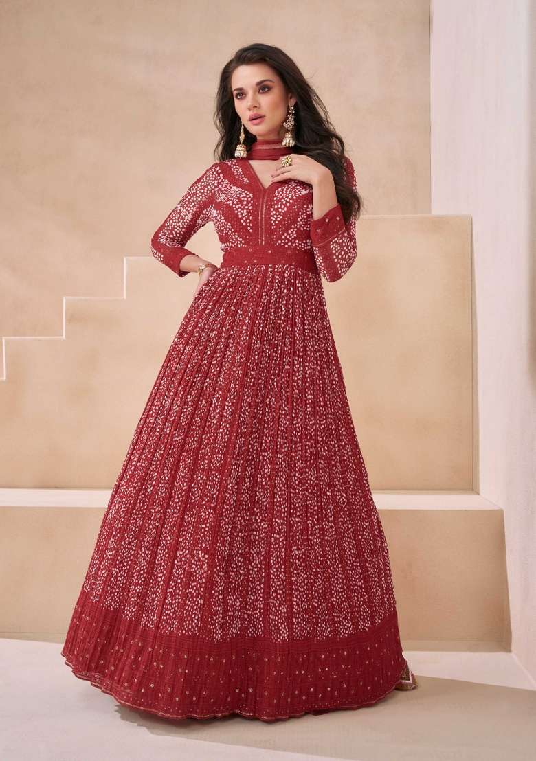 Red Embroidered Georgette Anarkali With Dupatta - Indya