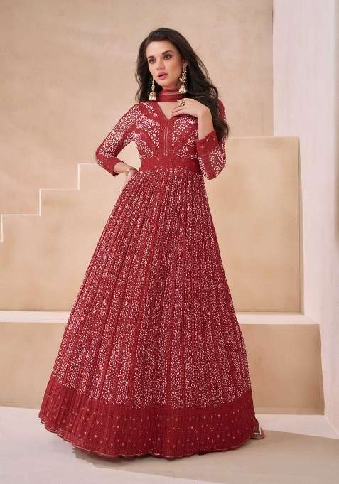 Red Embroidered Georgette Anarkali With Dupatta