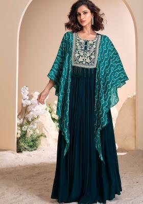 Teal Blue Embroidered Chinnon Anarkali With Dupatta With Dupatta