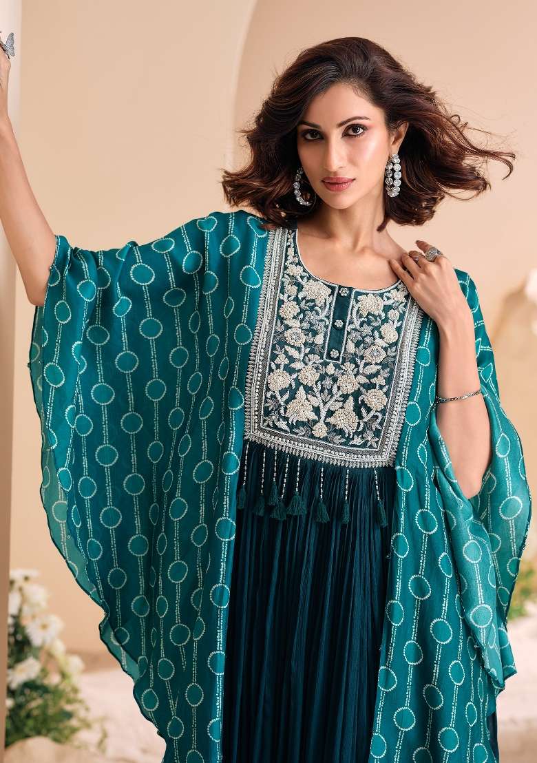 Teal Blue Embroidered Chinon Anarkali With Dupatta - Indya