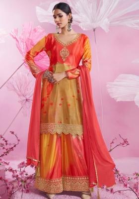 Orange And Yellow Embroidered Chinon Sharara Set