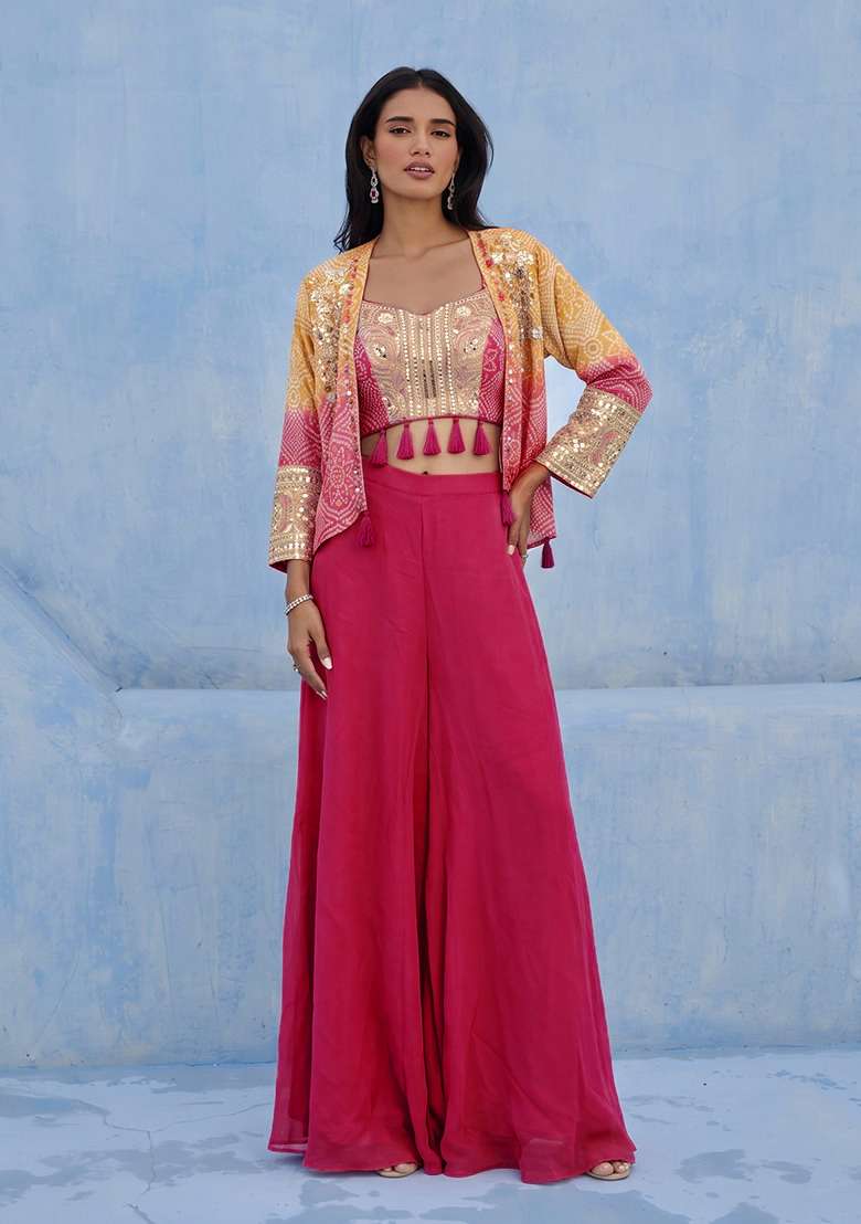 Pink Embroidered Chinon Co Ord Set - Indya