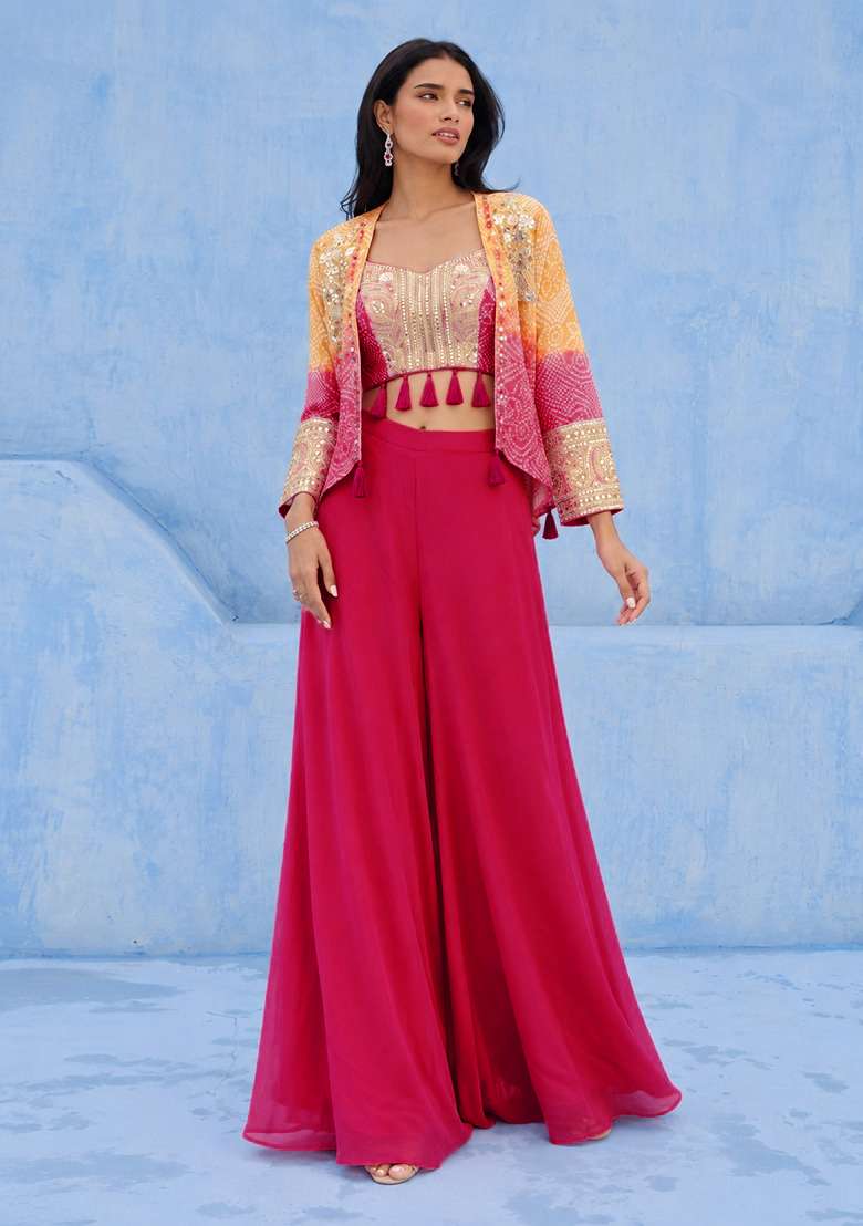 Pink Embroidered Chinon Co Ord Set - Indya