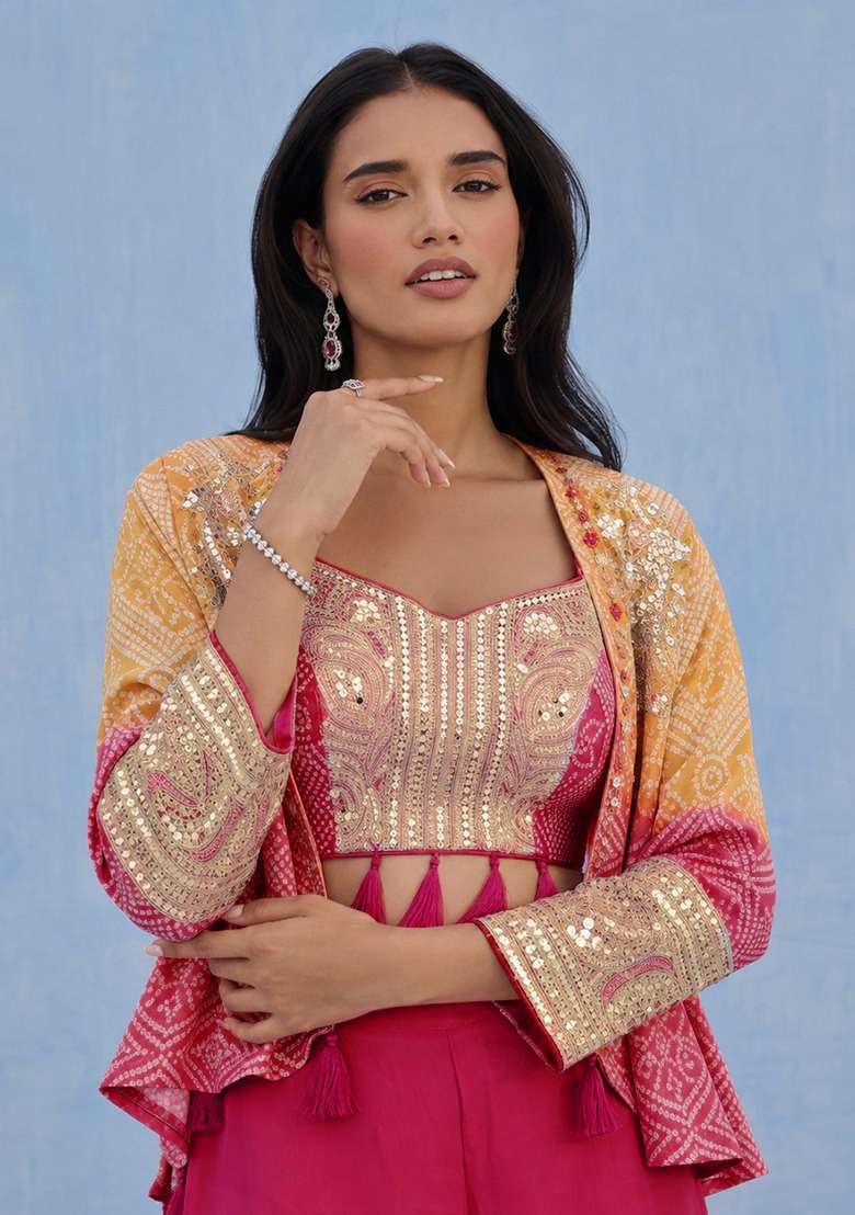 Pink Embroidered Chinon Co Ord Set - Indya