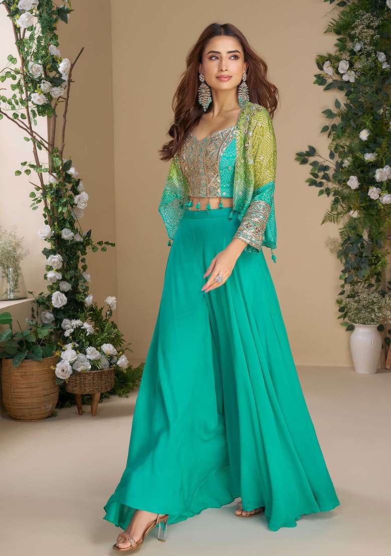 Blue Embroidered Chinnon Salwar Kameez Set With Dupatta - Indya