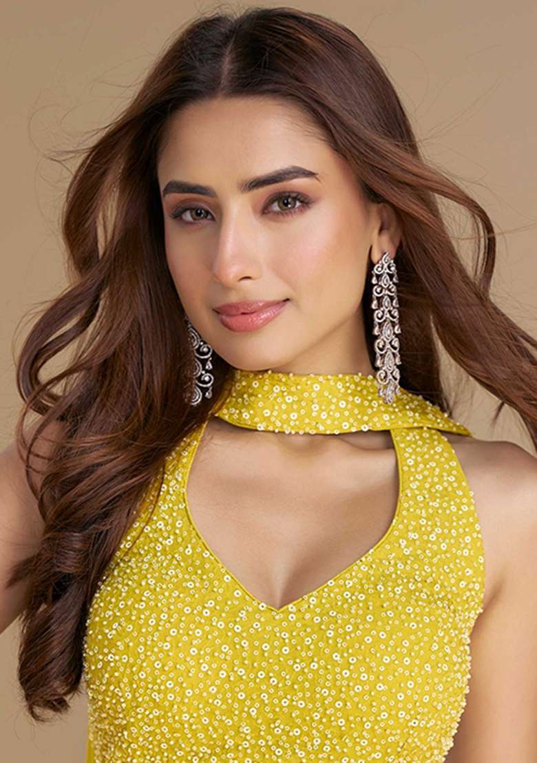 Yellow Sequin Work Chinon Co Ord Set - Indya