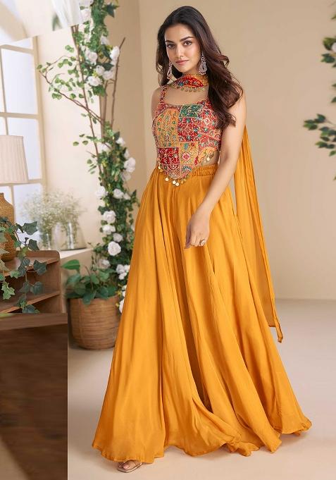 Multicolor Embroidered Chinnon Salwar Kameez Set With Dupatta