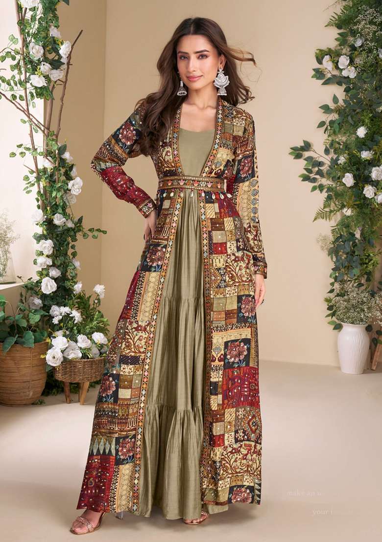 Coffee Brown Printed Georgette Anarkali With Dupatta - Indya