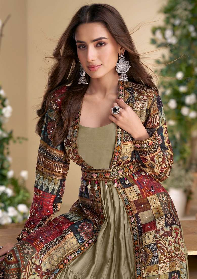 Coffee Brown Printed Georgette Anarkali With Dupatta - Indya