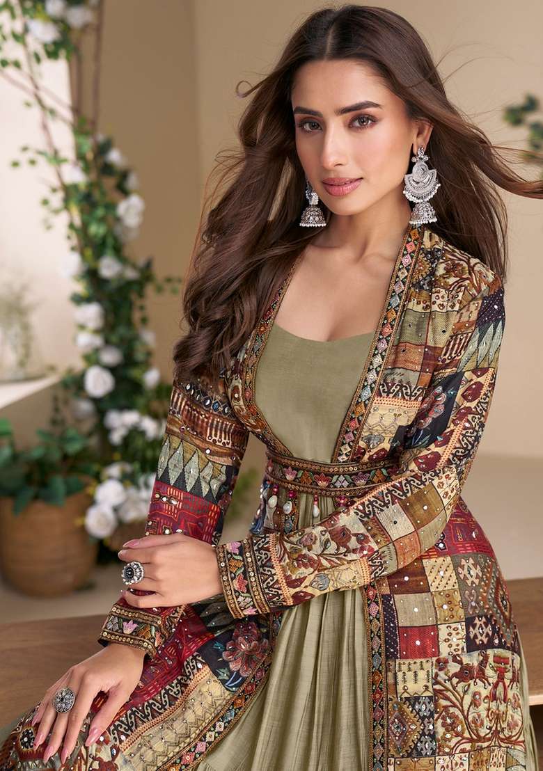Coffee Brown Printed Georgette Anarkali With Dupatta - Indya