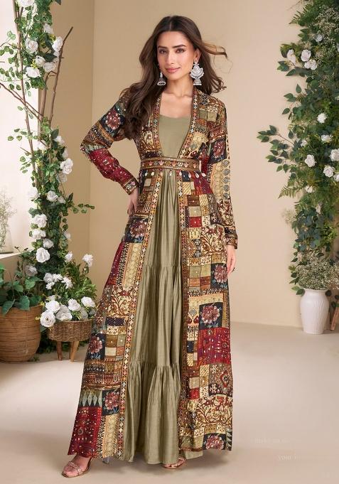 Coffee Brown Embroidered Georgette Anarkali With Dupatta With Dupatta