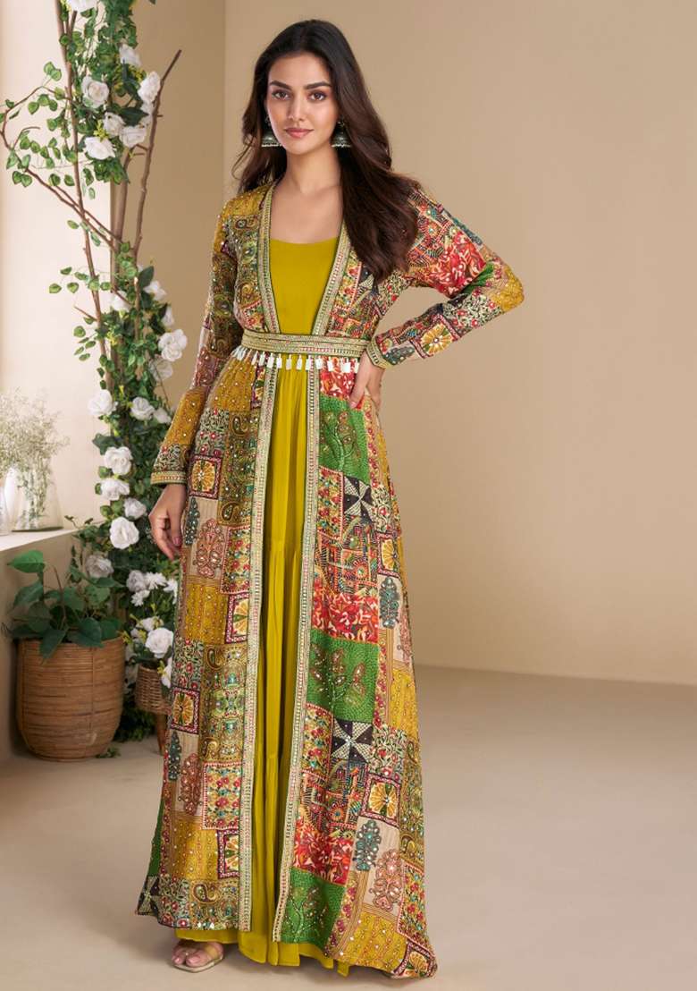 Yellow Printed Georgette Anarkali With Dupatta - Indya