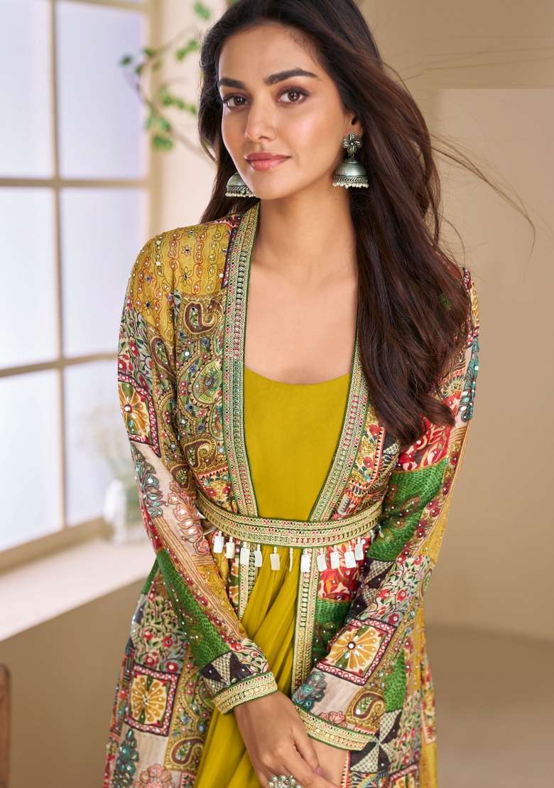 Yellow Printed Georgette Anarkali With Dupatta - Indya