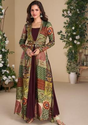 Maroon Printed Georgette Anarkali With Dupatta