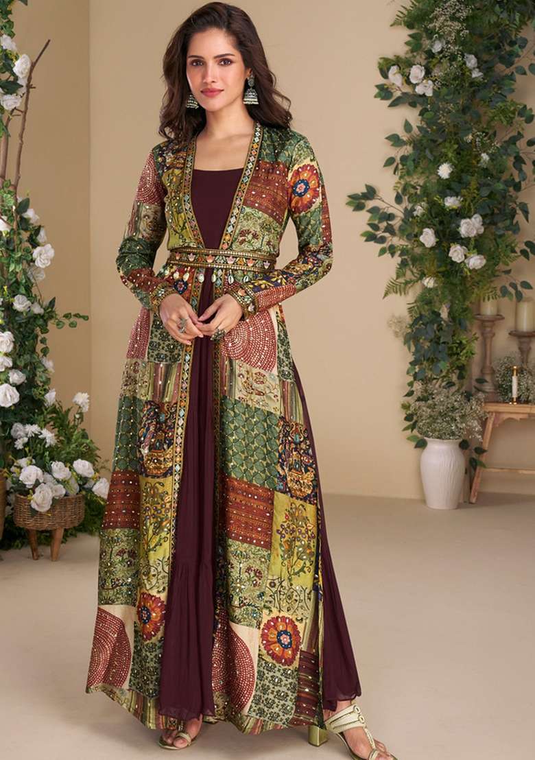 Maroon Printed Georgette Anarkali With Dupatta - Indya