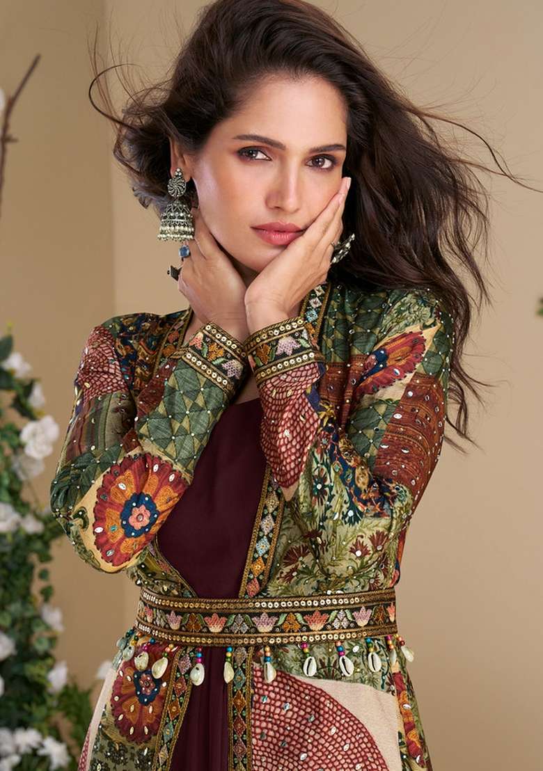 Maroon Printed Georgette Anarkali With Dupatta - Indya