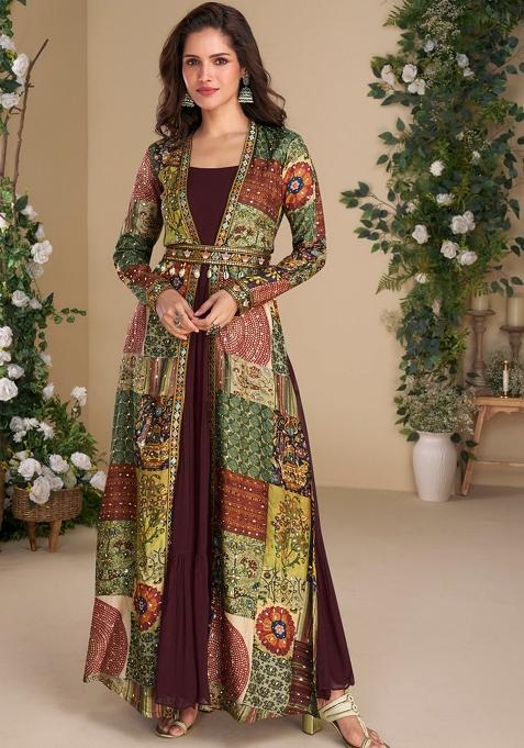 Maroon Printed Georgette Anarkali With Dupatta — view on Indya