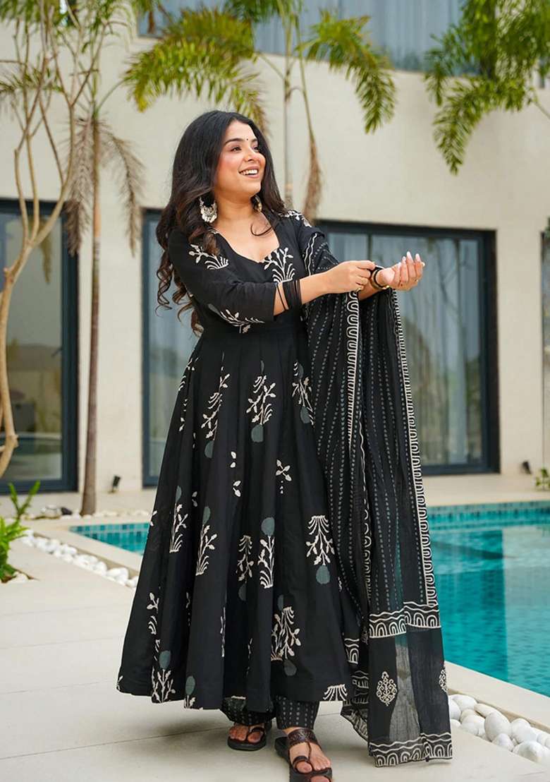 Multicolor Printed Muslin Anarkali Set - Indya