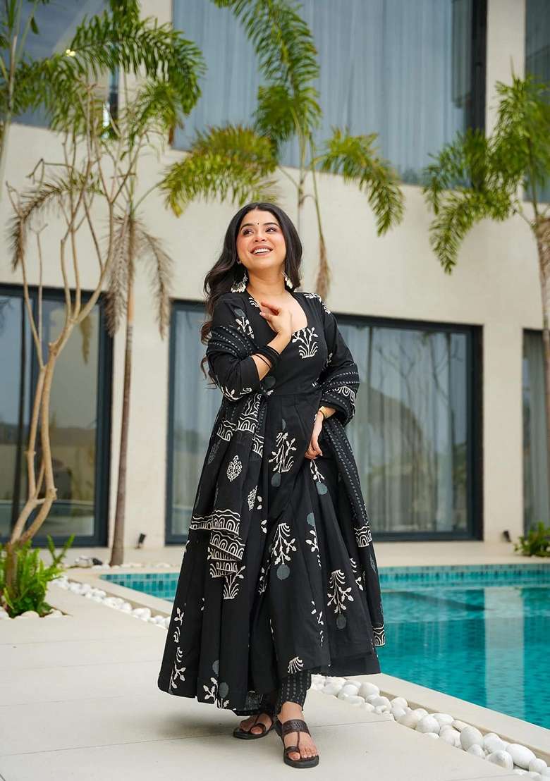 Multicolor Printed Muslin Anarkali Set - Indya