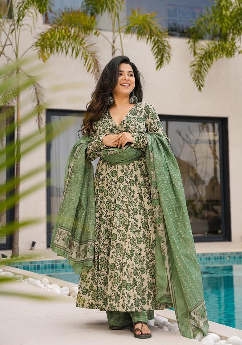 Multicolor Printed Muslin Salwar Kameez With Dupatta - Indya