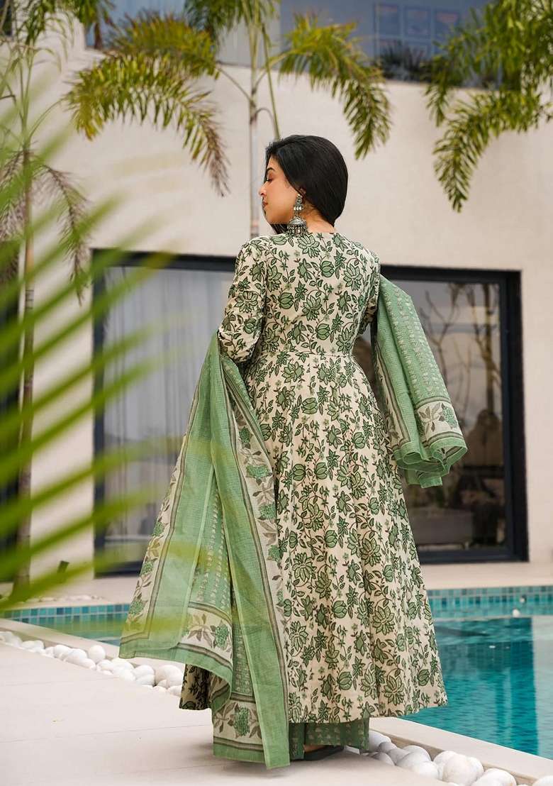 Multicolor Floral Print Muslin Anarkali Set - Indya