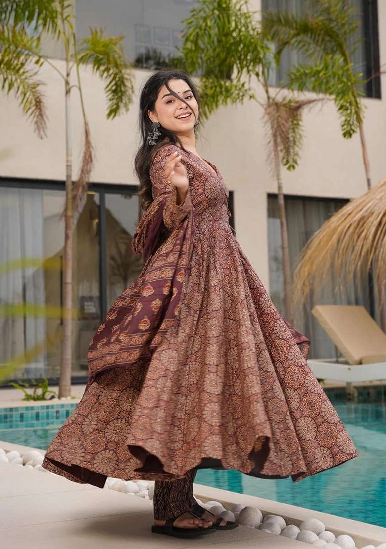 Multicolor Printed Muslin Anarkali Set - Indya
