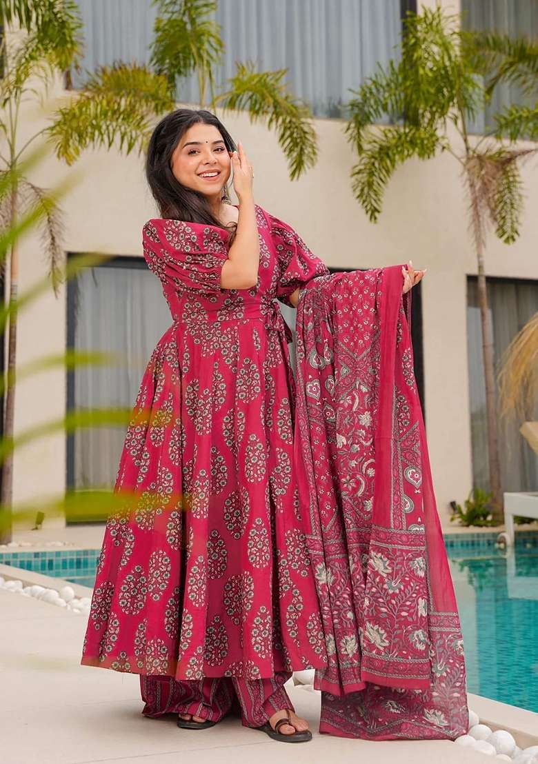 Multicolor Printed Muslin Anarkali Set - Indya