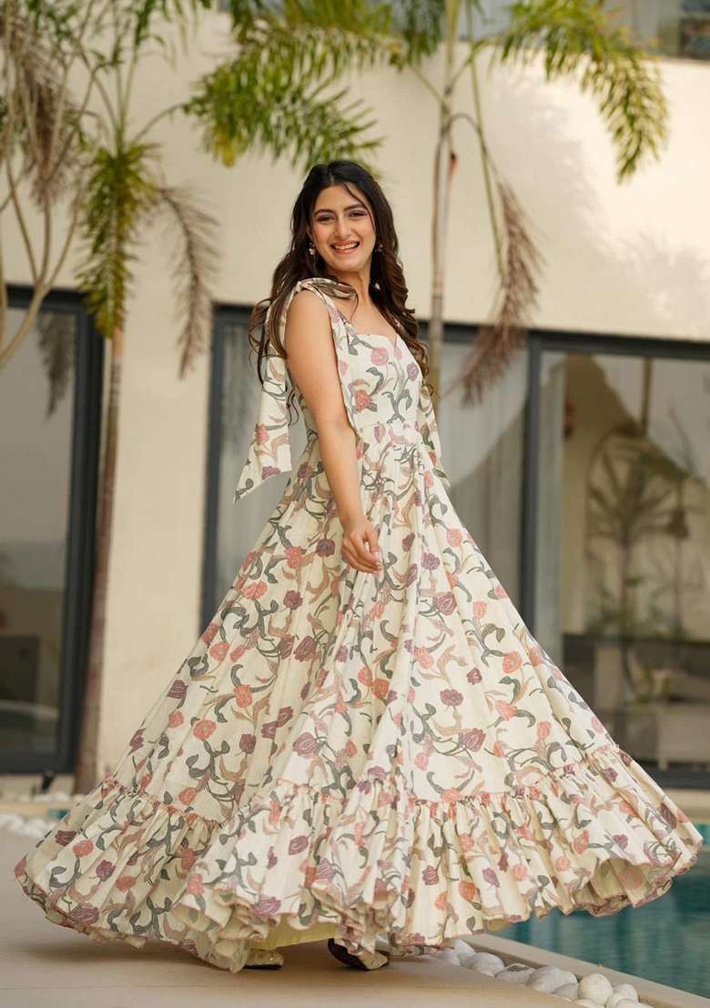 Multicolor Floral Print Muslin Anarkali Set - Indya