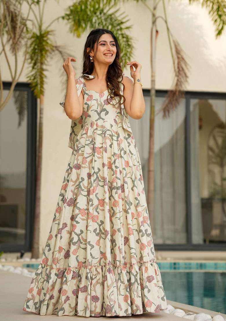 Multicolor Floral Print Muslin Anarkali Set - Indya