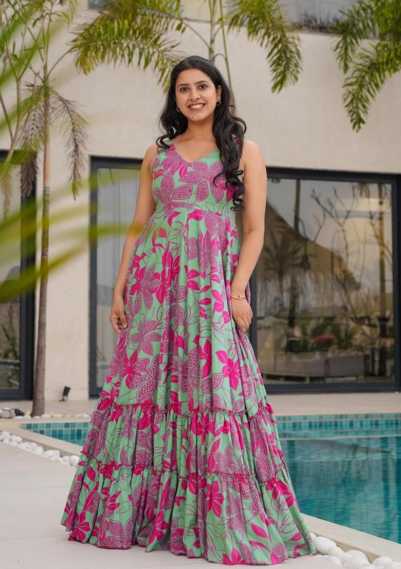 Multicolor Printed Muslin Gown - Indya