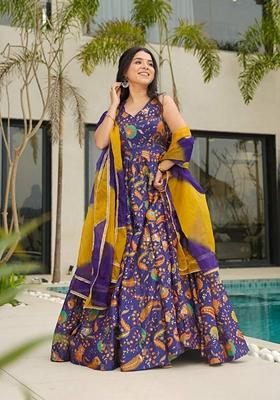 Multicolor Printed Muslin Gown With Dupatta