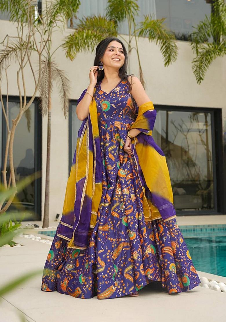 Multicolor Printed Muslin Gown With Dupatta