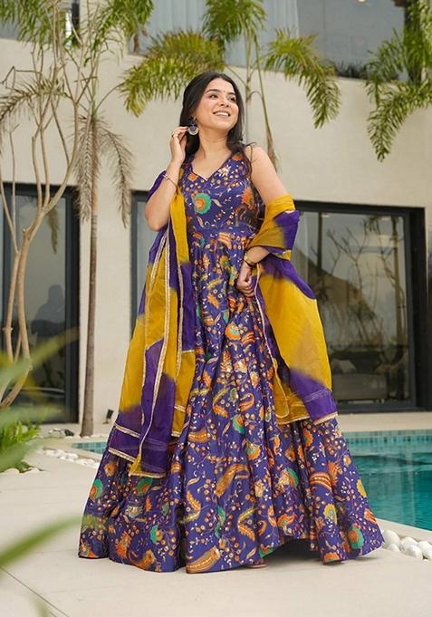 Multicolor Printed Muslin Gown With Dupatta