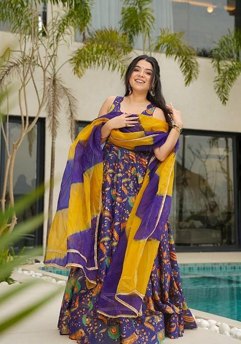 Multicolor Printed Muslin Gown With Dupatta